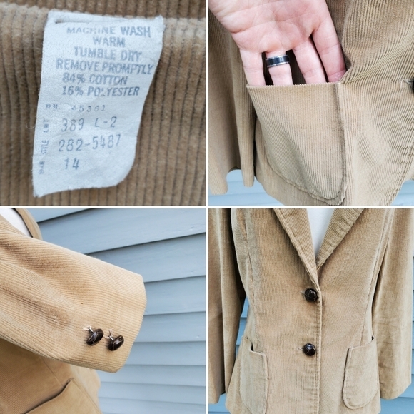 Vintage 70s Western Boho Tan Corduroy Single Button Blazer Coat Jacket Medium - Picture 3 of 4